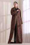 Buy_Dusala_Brown Cashmere, Wool Collared, V-neck Cora Kani Woven Long Jacket _at_Aza_Fashions