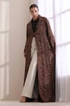 Dusala_Brown Cashmere, Wool Collared, V-neck Cora Kani Woven Long Jacket _at_Aza_Fashions