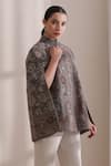 Dusala_Gray Mandarin Collar, High Neck Cera Woven Cape _Online_at_Aza_Fashions
