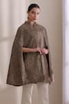 Buy_Dusala_Brown Mandarin Collar, High Neck Sanjh Embroidered Cape _Online_at_Aza_Fashions