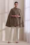 Dusala_Brown Mandarin Collar, High Neck Sanjh Embroidered Cape _at_Aza_Fashions