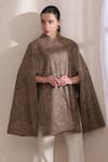 Buy_Dusala_Brown Mandarin Collar, High Neck Sanjh Embroidered Cape _at_Aza_Fashions
