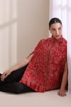 Shop_Dusala_Red Mandarin Collar Mithudi Woven Kani Cape _Online_at_Aza_Fashions