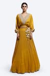 Buy_Onaya_Mustard Georgette Embroidery, Metallic Thread, Zardosi Top And Pleated Skirt Set _at_Aza_Fashions