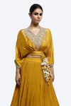Shop_Onaya_Mustard Georgette Embroidery, Metallic Thread, Zardosi Top And Pleated Skirt Set _Online_at_Aza_Fashions