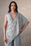 Onaya_Sky Blue Satin, Chiffon V-neck Floral Embroidered Cape And Pant Set _Online_at_Aza_Fashions
