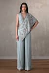Buy_Onaya_Sky Blue Satin, Chiffon V-neck Floral Embroidered Cape And Pant Set _at_Aza_Fashions