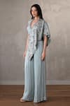 Shop_Onaya_Sky Blue Satin, Chiffon V-neck Floral Embroidered Cape And Pant Set _Online_at_Aza_Fashions
