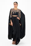 Buy_Onaya_Black Crepe Beads, Sequins, Stones Round Neck Cutdana Embroidered Cape Skirt Set _at_Aza_Fashions
