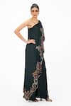 Onaya_Green Silk Sequins, Beads, Cut Work One Shoulder Embroidered Cape And Pant Set _Online_at_Aza_Fashions