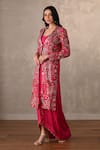 Onaya_Fuchsia Silk Embroidery V-, Open Hand Jacket And Skirt Set _Online_at_Aza_Fashions