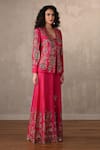 Onaya_Fuchsia Silk Mirrors, Embroidery V-, Open Work Jacket And Pant Set _Online_at_Aza_Fashions