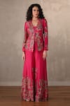 Buy_Onaya_Fuchsia Silk Mirrors, Embroidery V-, Open Work Jacket And Pant Set _at_Aza_Fashions
