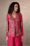 Onaya_Fuchsia Silk Mirrors, Embroidery V-, Open Work Jacket And Pant Set _at_Aza_Fashions
