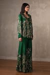 Onaya_Emerald Green Silk Mirrors, Embroidery Square Neck, Jacket Pant Set _Online_at_Aza_Fashions