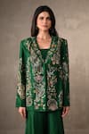 Onaya_Emerald Green Silk Mirrors, Embroidery Square Neck, Jacket Pant Set _at_Aza_Fashions