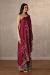 Onaya_Burgundy Silk Embroidery, Sequins, Beads, Stones One Shoulder Kurta And Pant Set _Online_at_Aza_Fashions