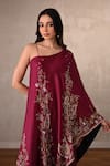 Onaya_Burgundy Silk Embroidery, Sequins, Beads, Stones One Shoulder Kurta And Pant Set _at_Aza_Fashions