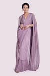 Buy_Onaya_Mauve Georgette Sequins, Cut Work V-neck, Open Cutdana And Pre-draped Saree Set _at_Aza_Fashions