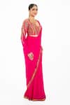 Onaya_Pink Lycra Embroidery, Sequins V-neck Thread Pre-draped Saree And Blouse Set _Online_at_Aza_Fashions