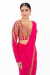 Buy_Onaya_Pink Lycra Embroidery, Sequins V-neck Thread Pre-draped Saree And Blouse Set _Online_at_Aza_Fashions
