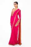 Shop_Onaya_Pink Lycra Embroidery, Sequins V-neck Thread Pre-draped Saree And Blouse Set _Online_at_Aza_Fashions