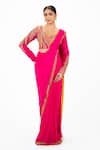 Buy_Onaya_Pink Lycra Embroidery, Sequins V-neck Thread Pre-draped Saree And Blouse Set _at_Aza_Fashions