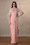 Buy_Onaya_Pink Georgette Sequins, Embroidery, Zari Mandarin Jacket And Pre-draped Saree Set _at_Aza_Fashions