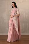 Buy_Onaya_Pink Georgette Sequins, Embroidery, Zari Mandarin Jacket And Pre-draped Saree Set _Online_at_Aza_Fashions