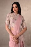 Shop_Onaya_Pink Georgette Sequins, Embroidery, Zari Mandarin Jacket And Pre-draped Saree Set _Online_at_Aza_Fashions