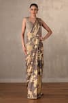 Buy_Onaya_Gold Beads, Sequins, Floral Pattern Pre-draped Saree And Embellished Blouse Set _at_Aza_Fashions