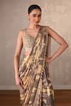 Shop_Onaya_Gold Beads, Sequins, Floral Pattern Pre-draped Saree And Embellished Blouse Set _Online_at_Aza_Fashions