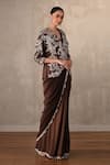 Onaya_Brown Crepe Sequins, Stones Paisley Embroidered Jacket And Pre-draped Saree Set _Online_at_Aza_Fashions