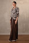 Buy_Onaya_Brown Crepe Sequins, Stones Paisley Embroidered Jacket And Pre-draped Saree Set _Online_at_Aza_Fashions