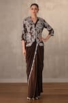 Buy_Onaya_Brown Crepe Sequins, Stones Paisley Embroidered Jacket And Pre-draped Saree Set _at_Aza_Fashions