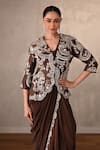 Shop_Onaya_Brown Crepe Sequins, Stones Paisley Embroidered Jacket And Pre-draped Saree Set _Online_at_Aza_Fashions