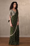 Buy_Onaya_Olive Green Chanderi Embroidery, Sequins, Zari Blouse And Pre-draped Saree Set _Online_at_Aza_Fashions