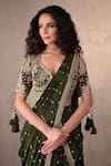Shop_Onaya_Olive Green Chanderi Embroidery, Sequins, Zari Blouse And Pre-draped Saree Set _Online_at_Aza_Fashions