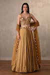 Buy_Onaya_Green Satin Mirrors, Embroidery, Sequins Sweetheart Neck Blouse Lehenga Set _at_Aza_Fashions