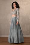 Onaya_Blue Crepe Embroidery, Sequins, Beads V-neck Jacket And Pleated Lehenga Set _Online_at_Aza_Fashions