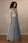 Buy_Onaya_Blue Crepe Embroidery, Sequins, Beads V-neck Jacket And Pleated Lehenga Set _Online_at_Aza_Fashions