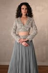 Shop_Onaya_Blue Crepe Embroidery, Sequins, Beads V-neck Jacket And Pleated Lehenga Set _Online_at_Aza_Fashions