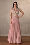 Buy_Onaya_Pink Crepe Sequins, Beads V-neck Embellished Short Top And Pleated Lehenga Set _at_Aza_Fashions