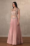 Onaya_Pink Crepe Sequins, Beads V-neck Embellished Short Top And Pleated Lehenga Set _Online_at_Aza_Fashions