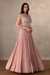 Buy_Onaya_Pink Crepe Sequins, Beads V-neck Embellished Short Top And Pleated Lehenga Set _Online_at_Aza_Fashions