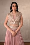 Shop_Onaya_Pink Crepe Sequins, Beads V-neck Embellished Short Top And Pleated Lehenga Set _Online_at_Aza_Fashions