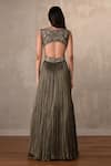 Shop_Onaya_Olive Green Satin, Chiffon Embroidery, Sequins Embellished Cut-out Detail Gown _at_Aza_Fashions