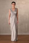 Onaya_Gray Satin Embroidery, Sequins, Stones V-neck, Off-shoulder Pleated Draped Gown  _Online_at_Aza_Fashions