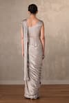 Shop_Onaya_Gray Satin Embroidery, Sequins, Stones V-neck, Off-shoulder Pleated Draped Gown  _at_Aza_Fashions