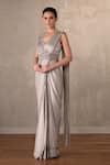 Buy_Onaya_Gray Satin Embroidery, Sequins, Stones V-neck, Off-shoulder Pleated Draped Gown  _at_Aza_Fashions